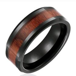 Brand New Stainless Steel Unisex Rings Wood Inlay 