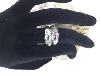 Vintage 925 STER Silver Aqua/Amethyst Marcasite Ring 7.5