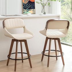 Set of 2 Swivel Counter Stools - 26.4 inch Mid Century CounterStools with Upholstered Faux Leather, Walnut Crafts, Bamboo Legs, Kitchen Stools for Kit