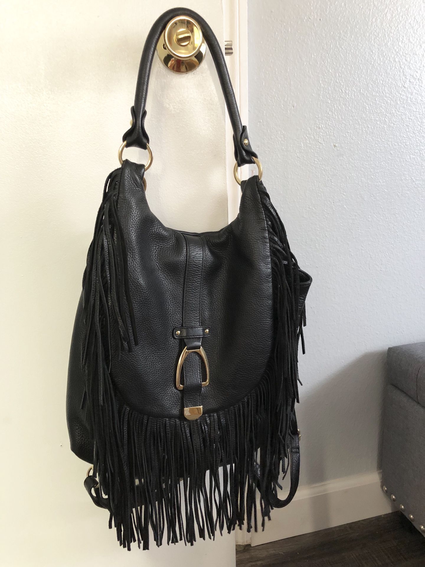 G.i.l.i convertible leather black backpack / purse fringe CLEAN & NICE!!