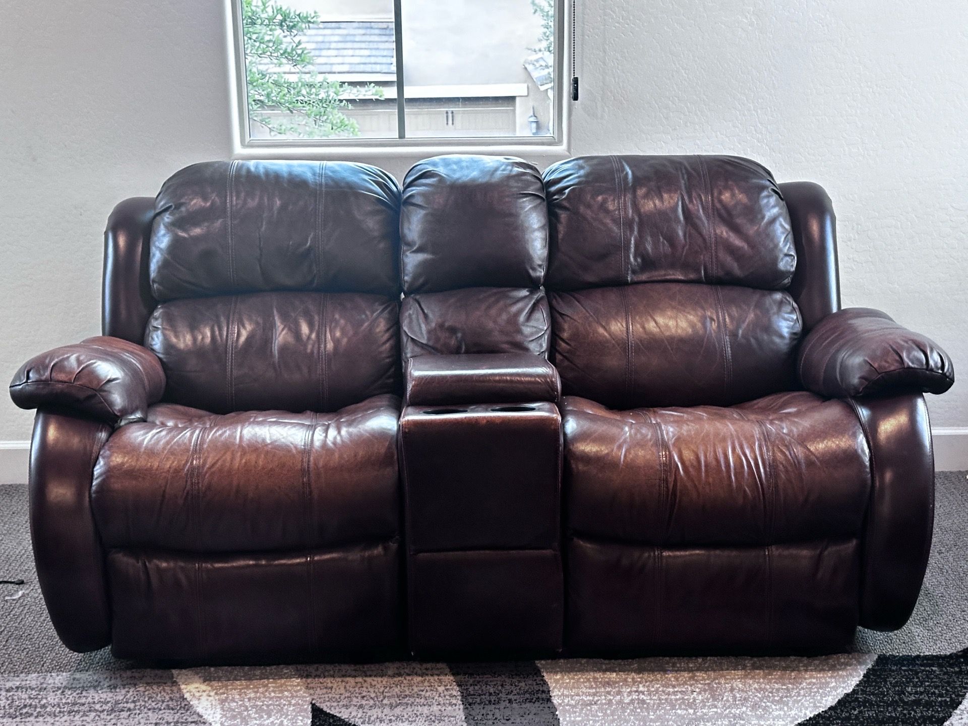 Brown Leather Reclining Loveseat with Console
