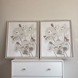 Two Grey And White Floral Paintings