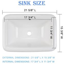 Enbol 22" x 15" Drop-in Bathroom Sink White Rectangle Ceramic Sink Vanity Basin with Overflow