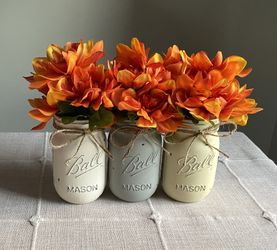 Chalk Painted & Distressed Mason Jar Vases w/faux Flowers Included 3 for $18