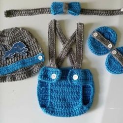Crochet Baby Boy Detroit Lions Football Inspired Outfit Photo Prop 