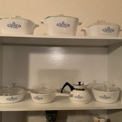Corning Ware Pyrex Cornflower 13 Pieces In Set.  3 Casseroles With Lids, 3 Pans With Lids And Small Kettle Excellent Condition $125