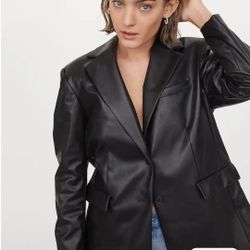 NEW H&M Black Oversized Style Faux Leather Blazer Jacket Size M