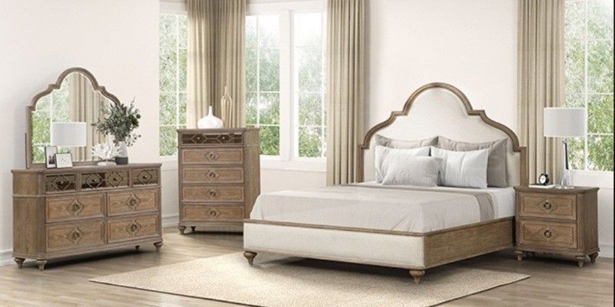 Brand New Rustic Oak & Beige 4pc Queen Bedroom Set (Available In Eastern King)