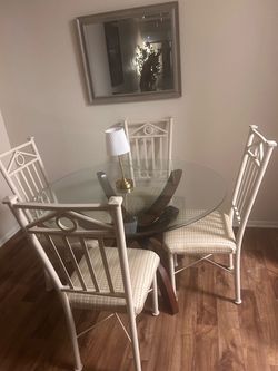 Ashley  Beveled Glass w/ Mahogany Pedestal & 4 Upholstered Rod-Iron Chairs.