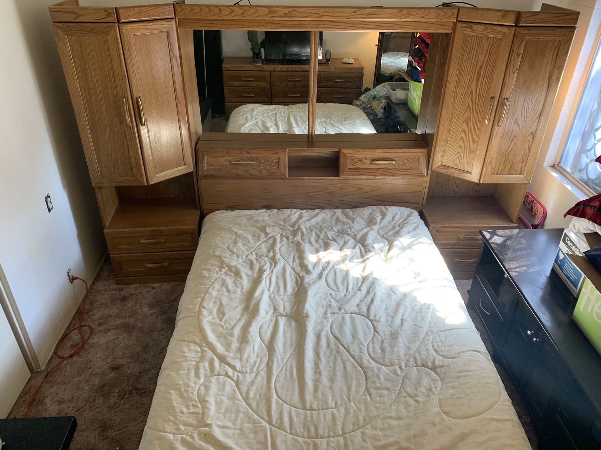 Solid Oak Bedroom Set— Mirrored Headboard w/ Storage, Dresser, & New Queen Mattress