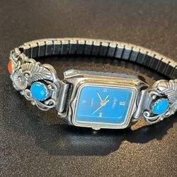 Native American Sterling Watch Tips Watch Stretch Band Turquoise Coral Mark STC
