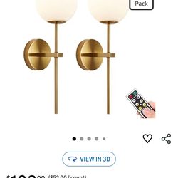Gold Battery Operated Wall Sconces Set of 2, Modern Remote Wall Lamp Globe Glass Shade,Not Hardwired Rechargeable Wall Lights Fixture with Timer and D