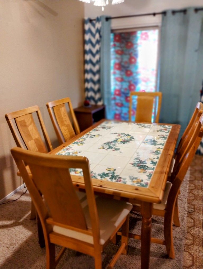 Italian Hand Painted Kitchen Table..Grape Vine [email protected] Wood And Tile Top..Size 62x38 Wide 30 Inches Tall...6 Padded Solid Wood Kitchen Chairs.