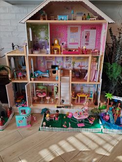 Large Wooden Dollhouse with Furniture and Dolls