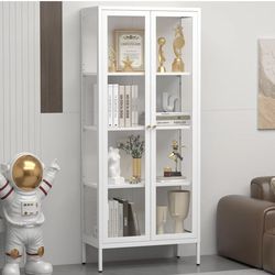 Cabinet with Glass Doors, Glass Display Cabinet 4-Tier, Metal Curio Display Cabinet with Tempered Glass Doors for Living Room, Plant, Display Shelf, A