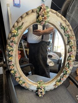 Beautiful Oval Mirror With Ceramic Flowers And Leaves Handmade From Italy