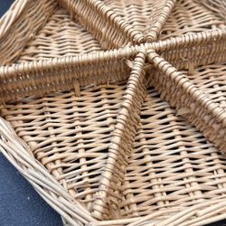 Hexagonal woven rattan organizer tray. Perfect for organizing small items.