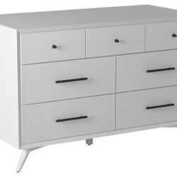 Flynn Mid-Century Modern 7-Drawer Dresser – White Wooden Bedroom Clothing Storage