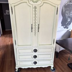 Antique Armoire For Sale. Light Beige With Green Trim 