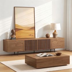 Mid-Century Modern 94.48" TV Stand and Expandable Coffee Table Set, Large Walnut Entertainment Center with Storage for Living Room and Bedroom Furnitu