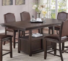 Dining Room Furniture Rustic Espresso Counter Height Table w Storage Base High Chairs 7pc Counter HT. Dining Set Rustic Espresso Faux Leather Upholste