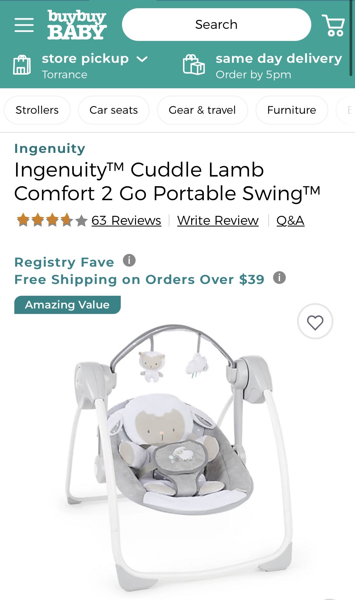Ingenuity Cuddle Lamb Comfort 2 Go Portable Swing™