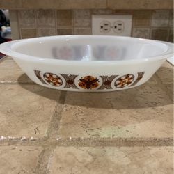 RARE Vintage Glassbake J-2352 USA 70s Retro Style Oval Divided Baking Dish