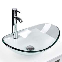 Modern Tempered Glass Sink Bathroom Vanity Vessel Sink and Faucet Combo Boat Style (AB89)