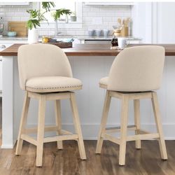 swivel bar stools set of 2, 26" Performance Fabric Upholstered Counter Height Bar Stools with Back, Solid Wood Legs with footrest, Retro nailhead trim