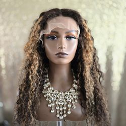 24" T Part Lace Front Human Hair Brown Blonde Balayage  Curly Wig 