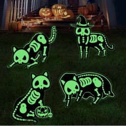 DISHIO Halloween Decorations Yard Signs Outdoor Glow in The Dark 4PCS Black Cat Signs Skeleton Reflective Cat Silhouette Yard Sign Stakes for Home, Cr