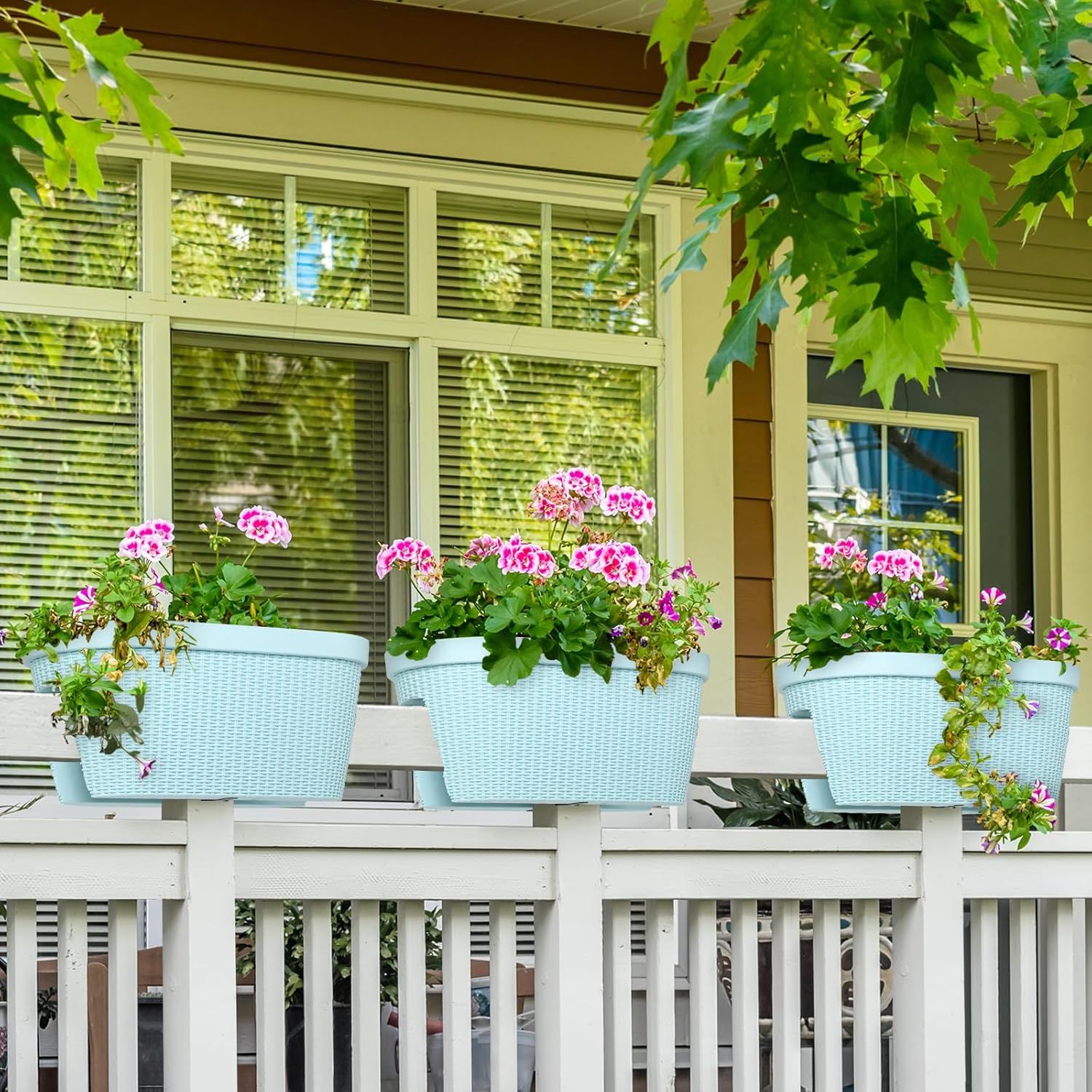 20'' Outdoor Balcony Railing PP Plastic Flower Pots - 4-Piece Set with Two Drainage Holes and Adjustable Brackets for Railings, Patios, Fences, Decks