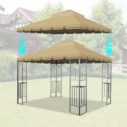 10x10 Ft Outdoor Patio Gazebo Replacement Canopy,Double Tiered Gazebo Tent Roof Top Cover Only Greatwall border(Frame Not Include)-Tan