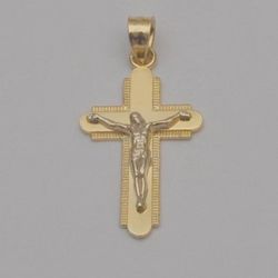 14K Yellow & White Gold Crucifix Cross Pendant 23.9mm x 13.7mm 1.4g