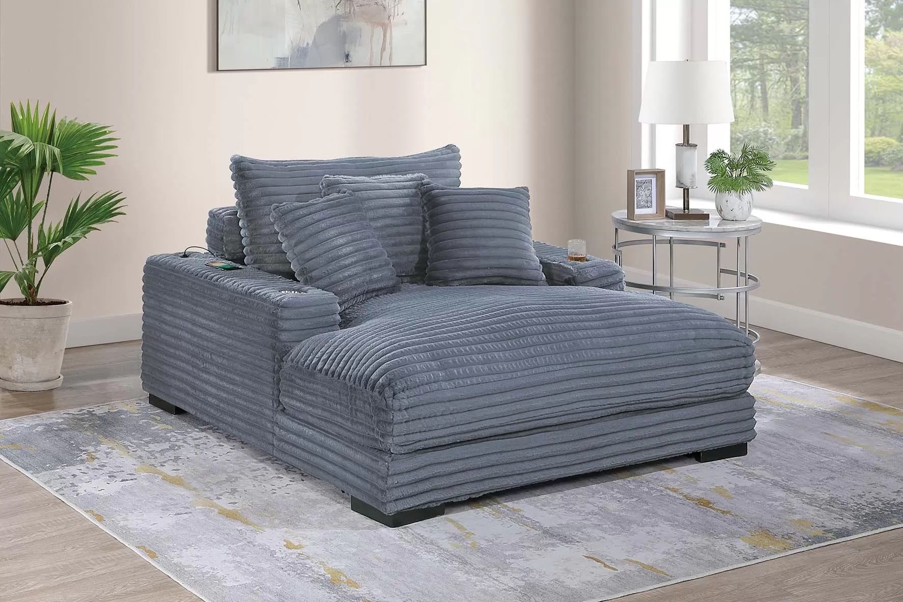 Gray Chaise Lounge w/ Cup holders & USB Ports