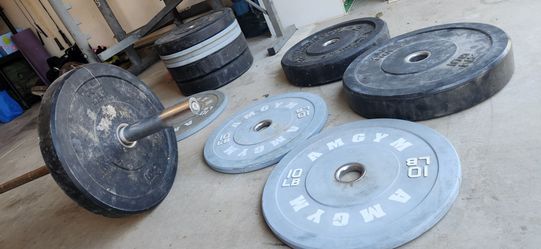 RUBBER Olympic weights, Barbell, Bench, Squat rack MUST GO