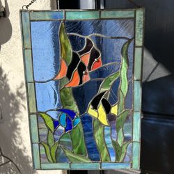 Vintage 14x10” Sea Blue Stained Glass Hanging Window Panel Suncatcher Collectible Art Fish Nautical Sea Ocean Beach Water Sea life 