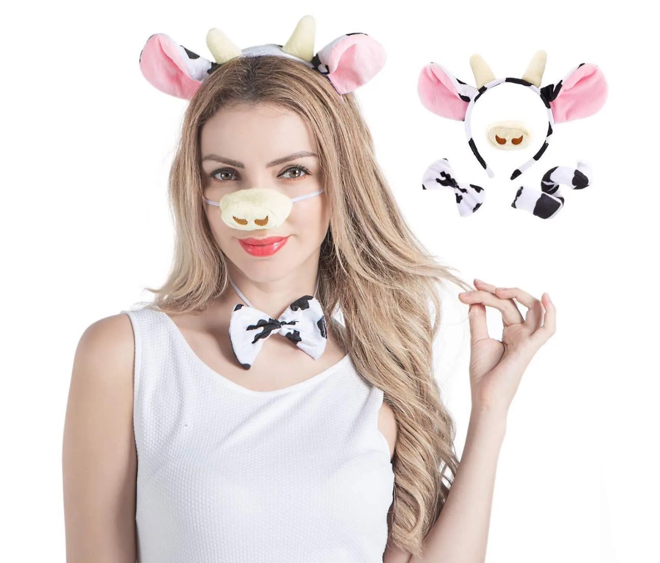 4PCs Funny Dalmatian Milk Cow Costume with Cow Ears Headband, Faux Cow Nose