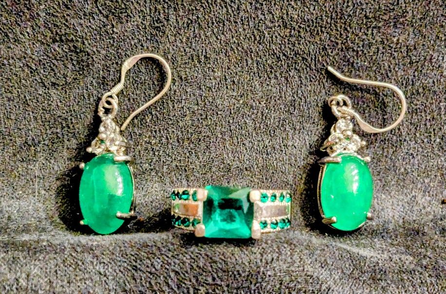 Green Sapphire w/Rhinestones 5.5 Ring+2 Jade Dangle Earring Jewelry Set New