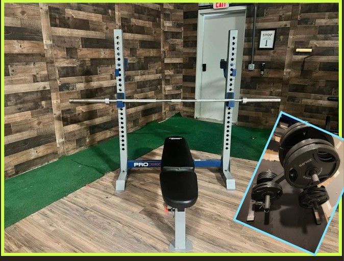 Olympic Squat Rack/Weight Bench with Bar and Weights