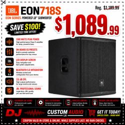 JBL 1500 Watt Bluetooth Bass Cabinet with DSP EON Series 718S 18" Subwoofer 🚨 Payment Options Available 🚨 No Credit Needed 🚨