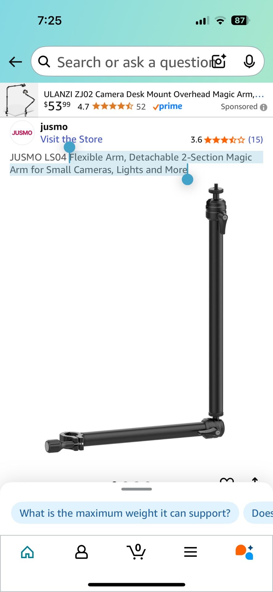 Flexible Arm, Detachable 2-Section Magic Arm for Small Cameras, Lights and More
