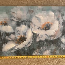 Enartly White Flowers Wall Art Blooming Blue Teal Turquoise Tones Textured Canvas Painting 40"x20"