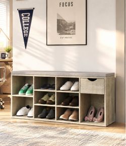 Entryway Shoe Rack with Cushion & Storage Drawer, Shoe Organizer Bench