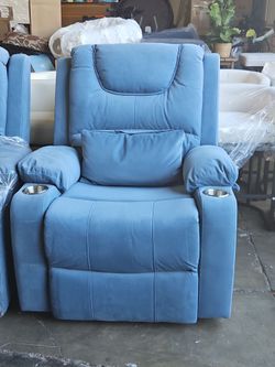 Blue Fabric power Recliner Chair with Cup Holders