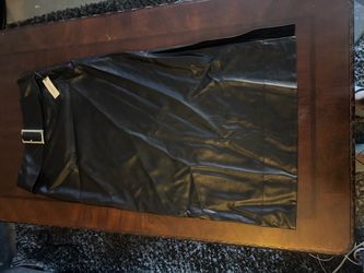 New Black Leather Midi Skirt with Belt