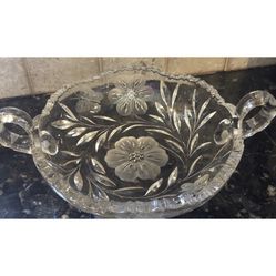 Vintage etched Crystal Double Handle Candy Dish