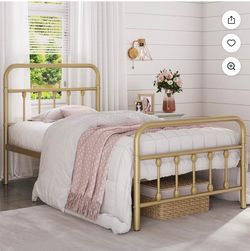 Classic Iron Platform Bed with High Headboard and Footboard, Twin, Antique Gold