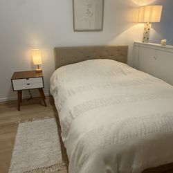 Queen Bed Set – Upholstered Frame + Mattress + Bedding