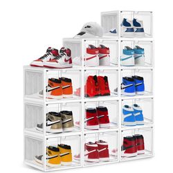 Stackable Large Shoe Containers Shoe Storage Box with Hard Plastic Drop Front for Sneakers (White Set of 12)